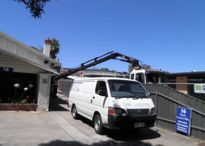 Transporting safes using cranes is a regular occurrence for Clarke Locksmiths all around metropolitan Adelaide and country South Australia